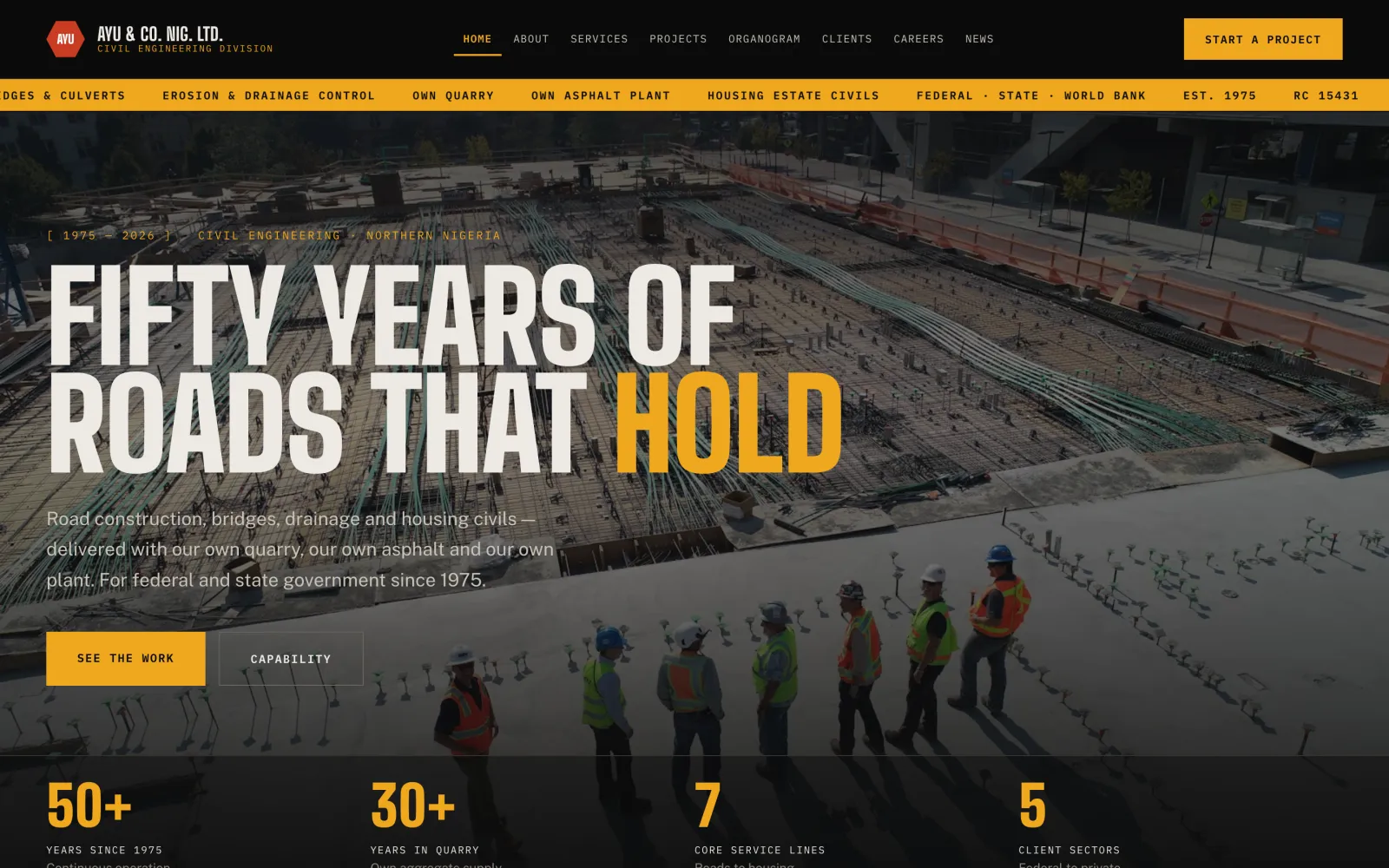 Preview of the dark design direction: near-black page with a heavy condensed headline over a site photograph and an amber ticker.